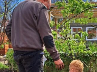 Verticaal tuinieren kruidentuin in een houten spiraal waar opa en kleinzoon naar kijken